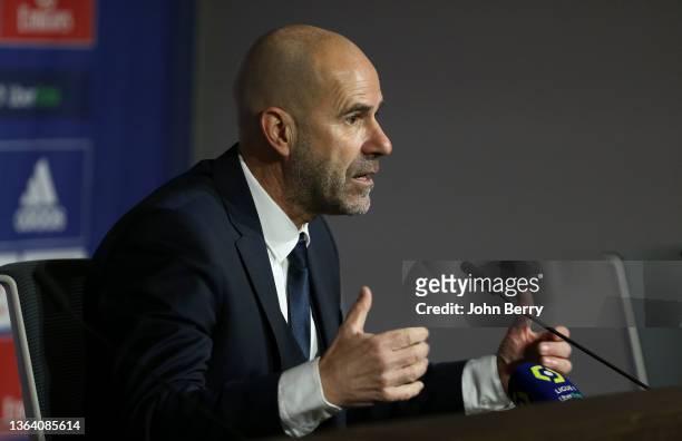 Coach of Olympique Lyonnais Peter Bosz answers to the media during the post-match press conference following the Ligue 1 Uber Eats match between...