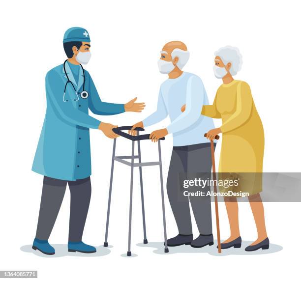 senior couple visiting doctor - senior citizen clipart stock illustrations