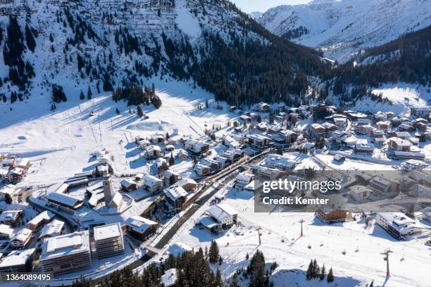 aerial view of the village lech in winter - lech stock pictures, royalty-free photos & images