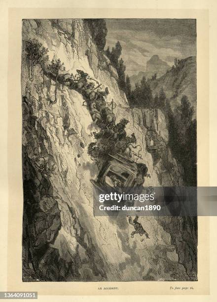 accident on mountain road between barcelona and valencia, passengers, horses, carriage falling into ravine - winding road illustration stock illustrations