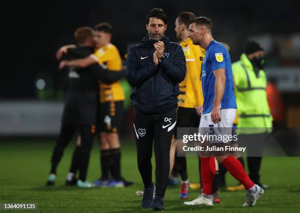 Manager Danny Cowley of Portsmouth reacts after the Papa John's Trophy match between Cambridge United and Portsmouth FC at Abbey Stadium on January...