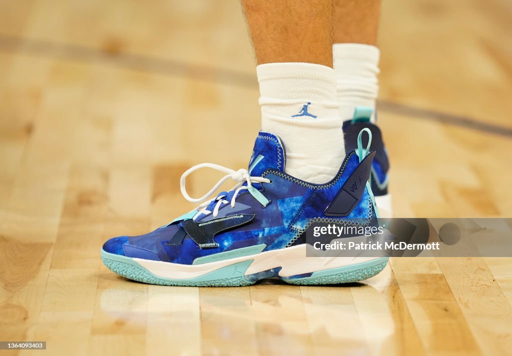 A detail view of the basketball shoes worn by Johnny Juzang of the