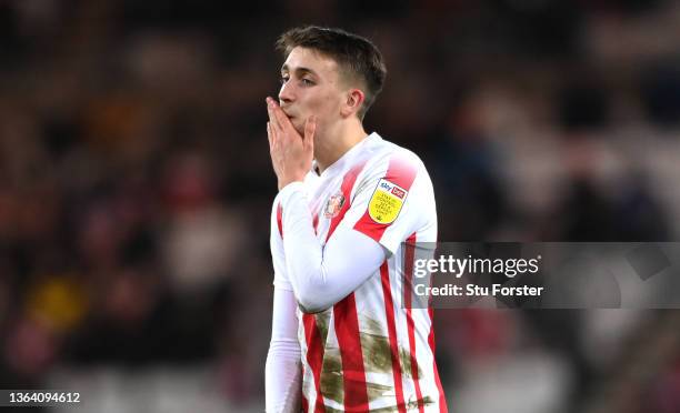 Dan Neil of Sunderland reacts during the Sky Bet League One match between Sunderland and Lincoln City at Stadium of Light on January 11, 2022 in...