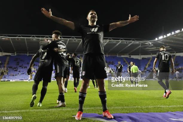 Aleksandar Mitrovic of Fulham celebrates his team's seventh goal during the Sky Bet Championship match between Reading and Fulham at Madejski Stadium...