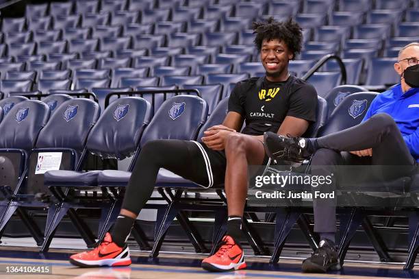 James Wiseman of the Golden State Warriors reacts before the game against the Memphis Grizzlies at FedExForum on January 11, 2022 in Memphis,...