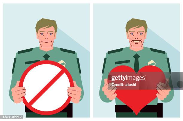 ein polizist hält ein herzformschild und ein verbotsschild in der hand - caucasian appearance stock-grafiken, -clipart, -cartoons und -symbole