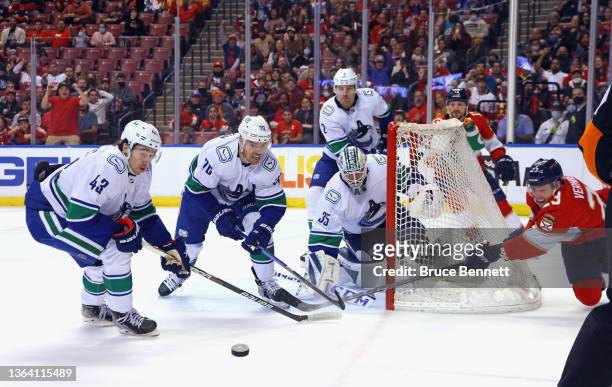 Thatcher Demko of the Vancouver Canucks tends net in his 100th NHL game against Carter Verhaeghe of the Florida Panthers during the first period at...