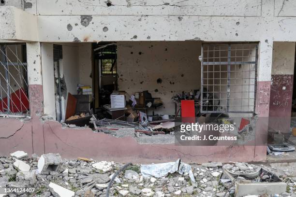 Detailed view of damage to a major department office destroyed by ordinance launched by the TPLF as the terrorist group invaded Dessie in October of...