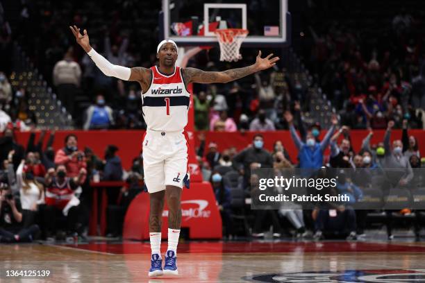 Kentavious Caldwell-Pope of the Washington Wizards celebrates after shooting a three-pointer against the Oklahoma City Thunder during the fourth...