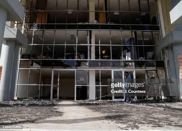 The facade of the the administration building at Wollo University is shown, destroyed by the TPLF during their 2021 occupation of Dessie on January...