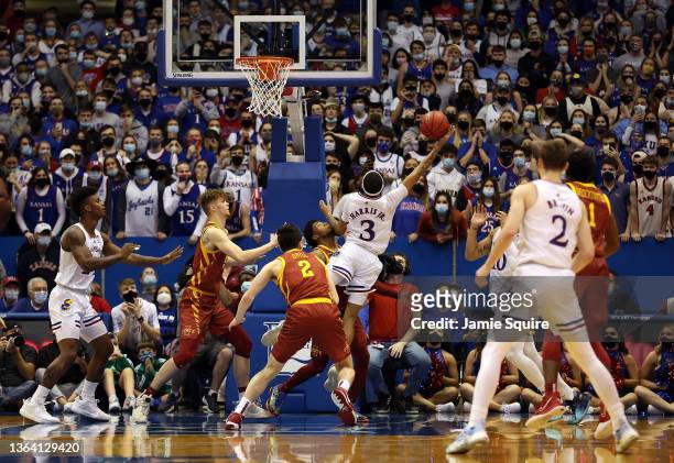 Dajuan Harris Jr. #3 of the Kansas Jayhawks hits a lay-up in the final seconds of the game to seal the win against the Iowa State Cyclones at Allen...