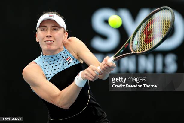 Ekaterina Alexandrova of Russia plays a backhand in her match against Garbine Muguruza of Spain during day four of the Sydney Tennis Classic at the...