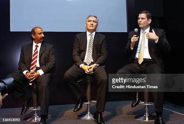 Sriprasad President , Aydogan Cakmaz VP and Marc Llistosella MD and CEO of Daimler India Commercial Vehicles Pvt. Ltd addressing media during...