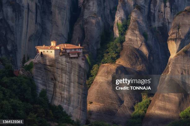 holy monastery of rousanos, meteora monasteries, trikala, thessaly, greece - meteora greece stock pictures, royalty-free photos & images