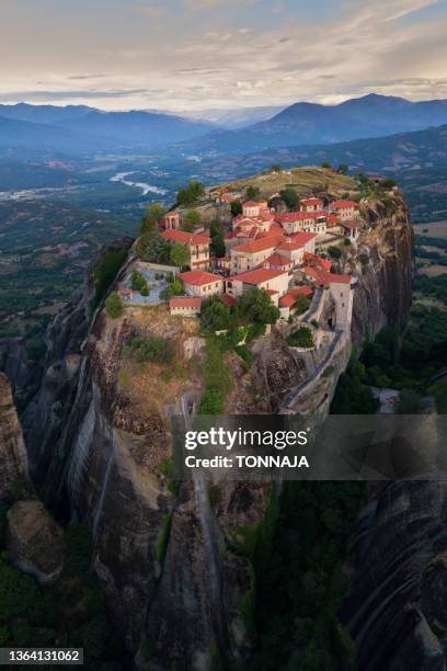 the aerial view of meteora monasteries, trikala, thessaly, greece - meteora stock pictures, royalty-free photos & images