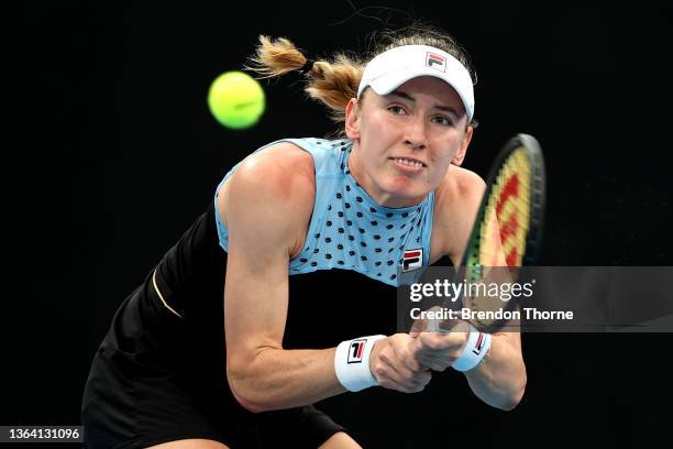 Ekaterina Alexandrova of Russia plays a backhand in her match against Garbine Muguruza of Spain during day four of the Sydney Tennis Classic at the...