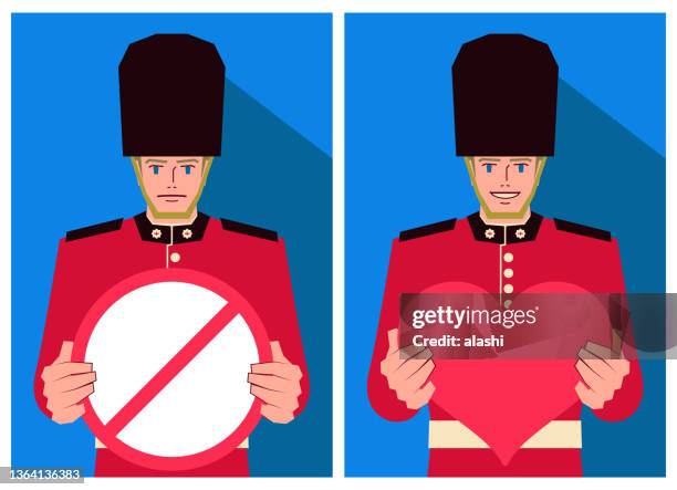 a young british royal guard (queen's guard) holds a heart shape sign and a prohibitory sign - british royalty vector stock illustrations