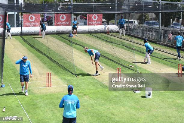 Stuart Broad of England bowls during an England Ashes squad nets session at Blundstone Arena on January 12, 2022 in Hobart, Australia.