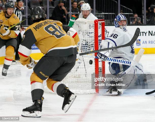 Jack Campbell of the Toronto Maple Leafs defends the net against a shot by Jonathan Marchessault of the Vegas Golden Knights in the second period of...