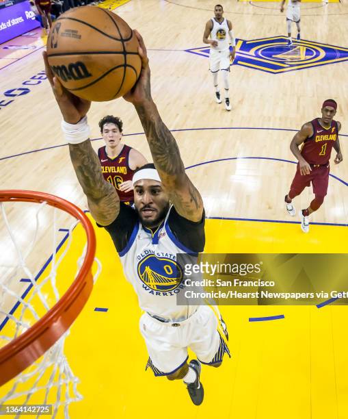 Gary Payton II goes in for a dunk in the first half as the Golden State Warriors played the Cleveland Cavaliers at Chase Center in San Francisco,...