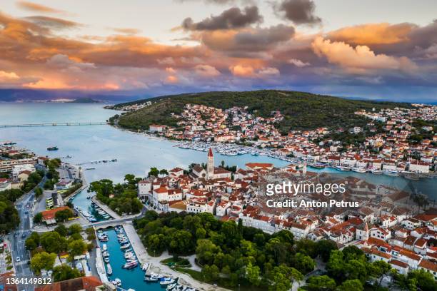 aerial view of trogir old town at sunset, croatia - trogir stock-fotos und bilder