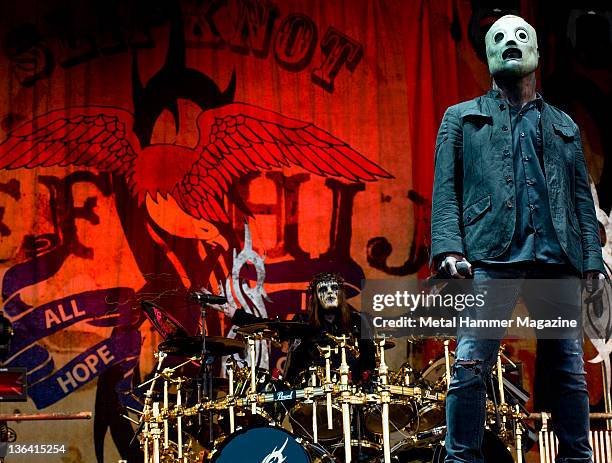Corey Taylor and Joey Jordison of American metal group Slipknot performing live on stage at Download Festival on June 13, 2009 at Donington Park.