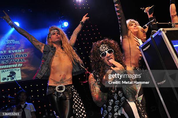 Lexxi Foxxx, Stix Zadinia and Ralph Saenz of Steel Panther on stage at the Golden Gods Awards, June 15, 2009.