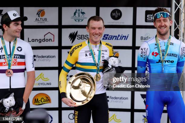 Bronze medalists Conor Leahy of Australia, gold medalists Rohan Dennis of Australia, and silver medalists Luke Durbridge of Australia, pose on the...