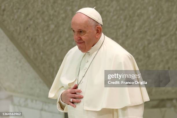 Pope Francis arrives at the Paul VI Hall for his weekly audience on January 12, 2022 in Vatican City, Vatican. In a telegram addressed to Alessandra...