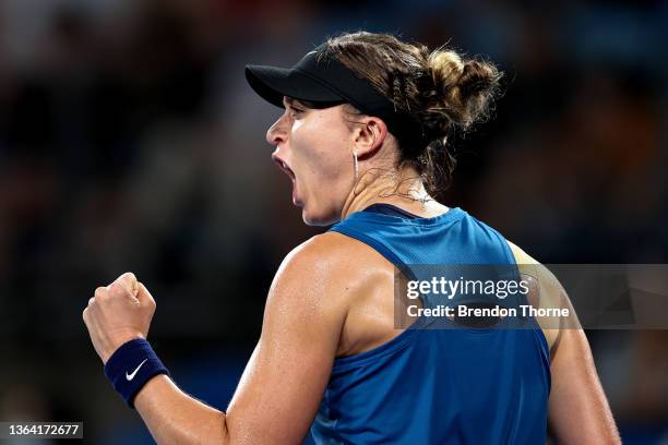 Paula Badosa of Spain reacts in her match against Ajla Tomljanovic of Australia during day four of the Sydney Tennis Classic at the Sydney Olympic...