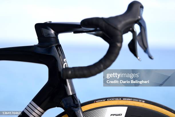 Handlebar detail view of Eddy Merckx Team's Bike during a training at Team Sport Vlaanderen - Baloise 2022 - Training Camp on January 09, 2022 in...