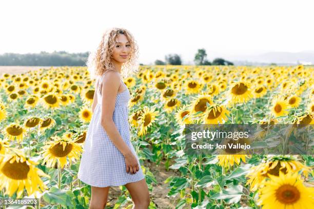 a young woman in a checkered spring dress walking among sunflowers - checked dress stock pictures, royalty-free photos & images