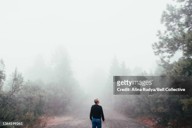 Man walking into a foggy landscape