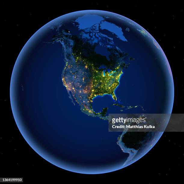 north america, night lights on full earth with topographical relief - erde planet stock pictures, royalty-free photos & images