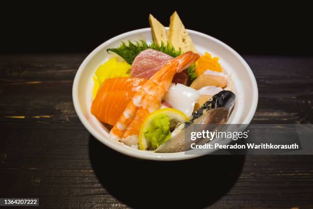 sashimi don, danburi or japanese rice bowl. - ikura stock pictures, royalty-free photos & images