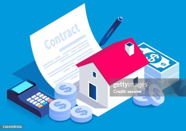 home loans, contract documents, pens, coins and calculators - calculator stock illustrations