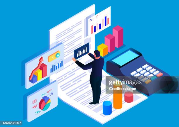stockillustraties, clipart, cartoons en iconen met accounting financial analyst, data analysis, isometric businessman standing on data form analyzing data, calculator. - salary