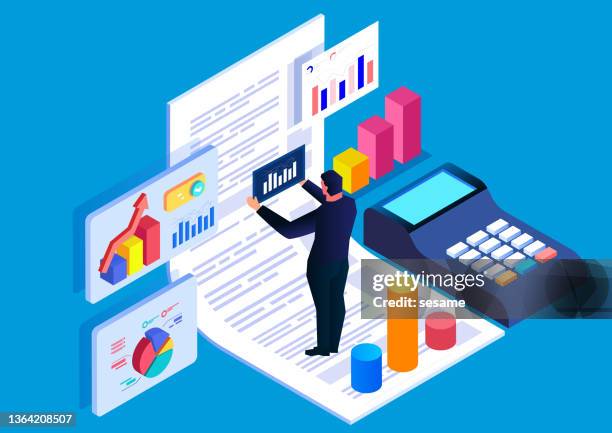 bildbanksillustrationer, clip art samt tecknat material och ikoner med accounting financial analyst, data analysis, isometric businessman standing on data form analyzing data, calculator. - skatt