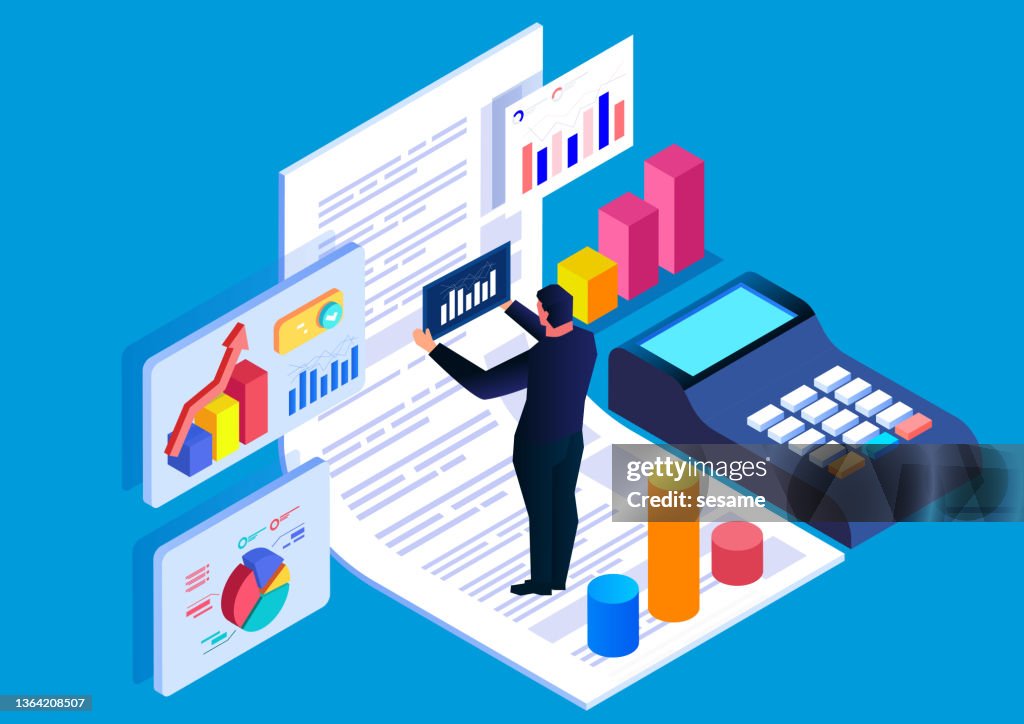 Accounting financial analyst, data analysis, isometric businessman standing on data form analyzing data, calculator.