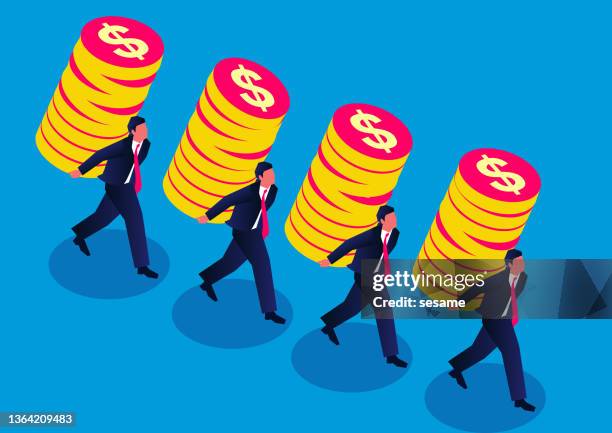 ilustrações de stock, clip art, desenhos animados e ícones de isometric businessman carrying piles of gold coins, businessman working to make money, white and blue collar - sack