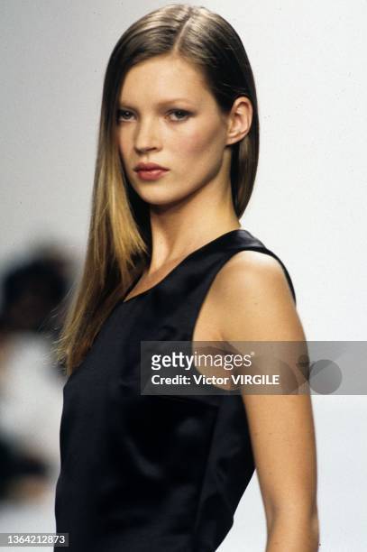 Model Kate Moss walks the runway during the Calvin Klein Ready to Wear Spring Summer show as part of the New York Fashion Week in October 02, 1994....