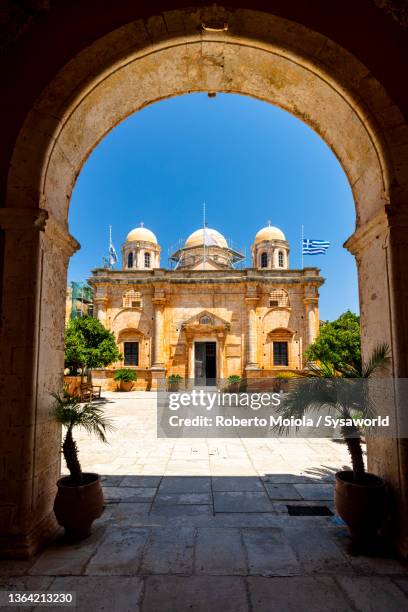 old facade of monastery of agia triada, crete - agia-triada-monastery-crete stock pictures, royalty-free photos & images