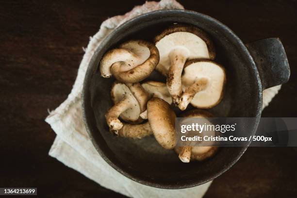 close-up of mushrooms in bowl on table - champignon stock-fotos und bilder