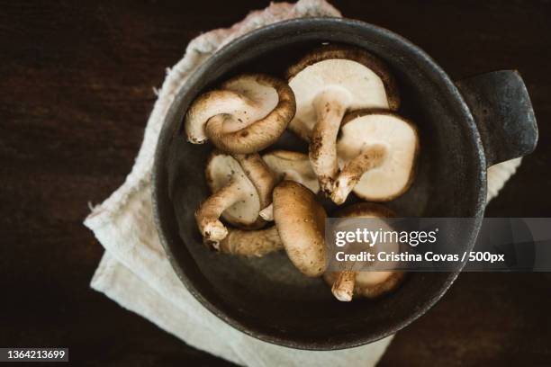 close-up of mushrooms in bowl on table - white mushroom stock pictures, royalty-free photos & images