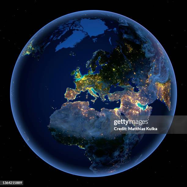 continent europe, night lights on full earth with topographical relief - erde planet stock pictures, royalty-free photos & images