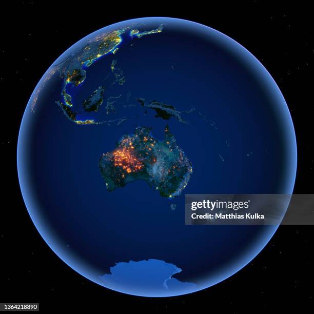 continent australia, night lights on full earth with topographical relief - australia from space stock-fotos und bilder