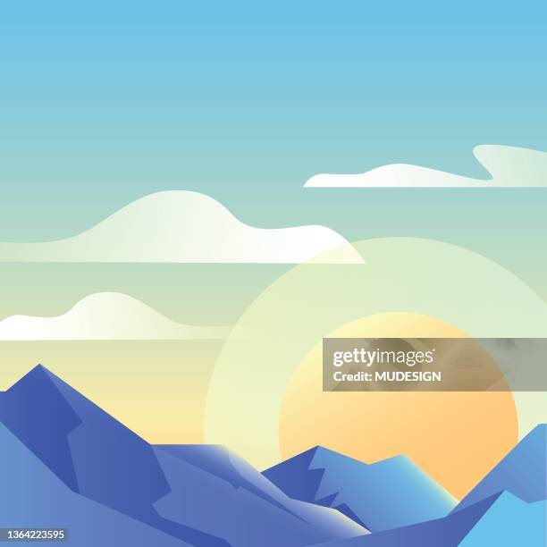 illustrazioni stock, clip art, cartoni animati e icone di tendenza di montagna con nuvole e sole. - morning