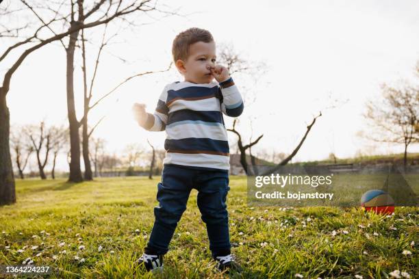 cute little boy picking and smelling daisies on spring meadow - baby smelling flower stock pictures, royalty-free photos & images