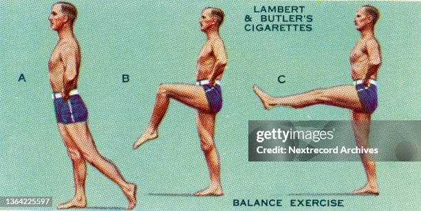 Collectible tobacco or cigarette card, 'Get Fit' series, published in 1937 by Lambert and Butler's Cigarettes, depicting a male athlete demonstrating...