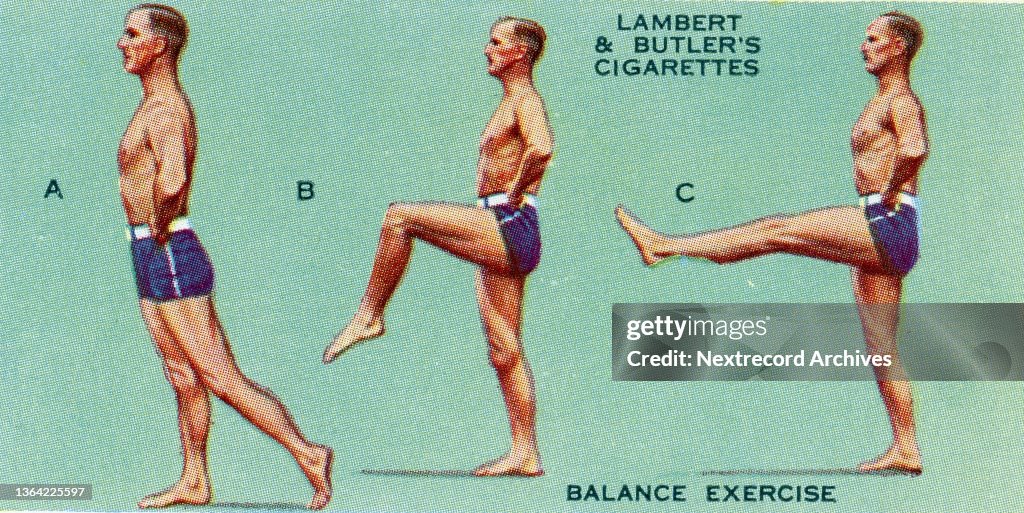 Collectible cigarette card, Balance Exercise, Get Fit series, 1937